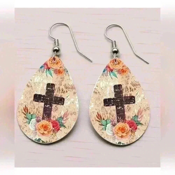 natalythyme Jewelry - Southwestern collection cross printed tear drop pendant earrings